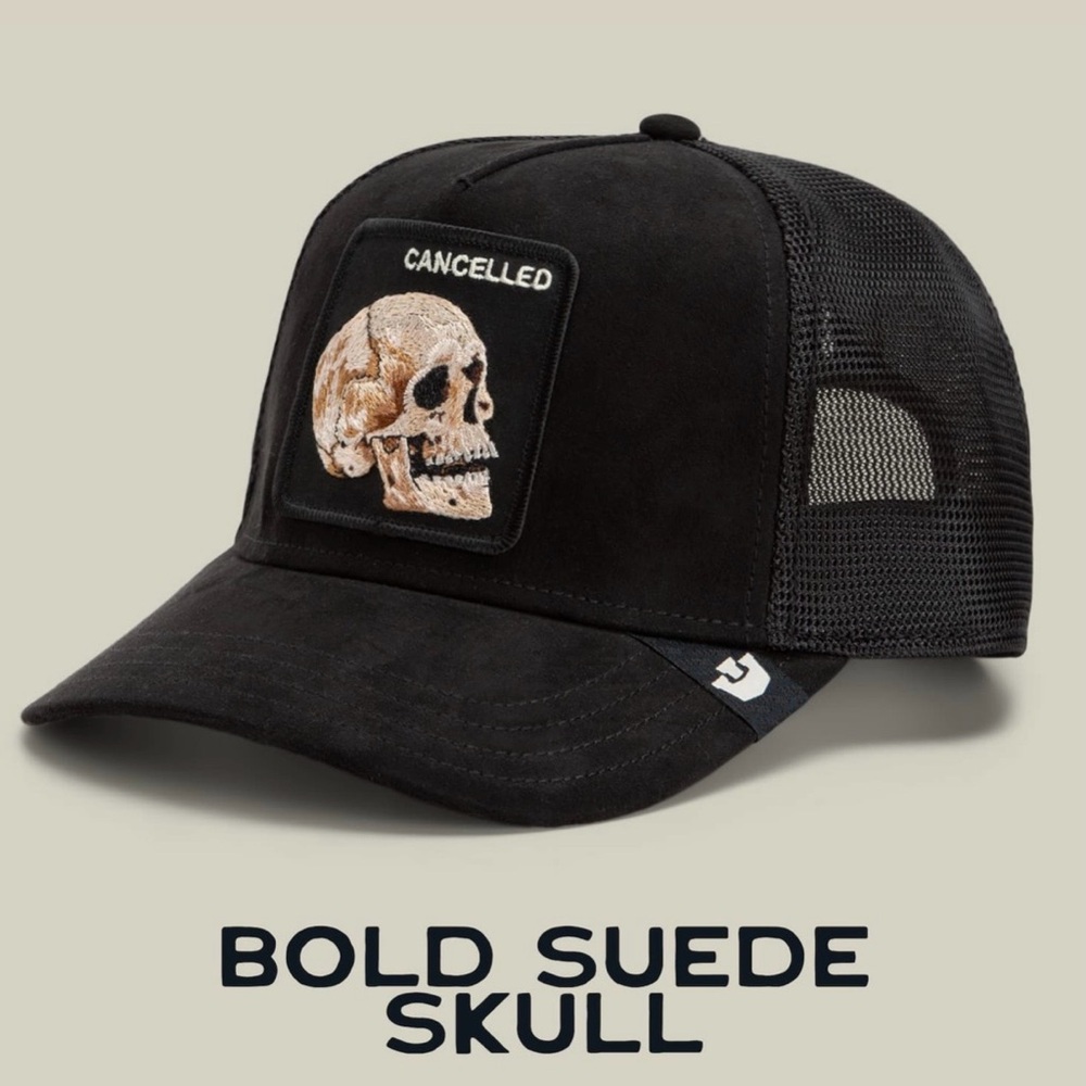 Goorin Bros. BLACK BOLD MICROSUEDE SKULL Trucker Hat SnapBack NWT.